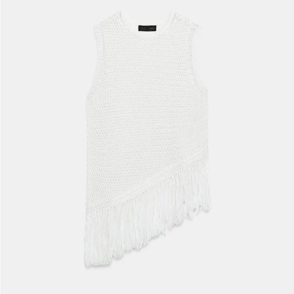 Zara Sleeveless Fringe Crochet Top With Asymmetric Hem